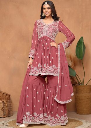 Mauve Pink Embroidered Georgette Gharara Suit Set