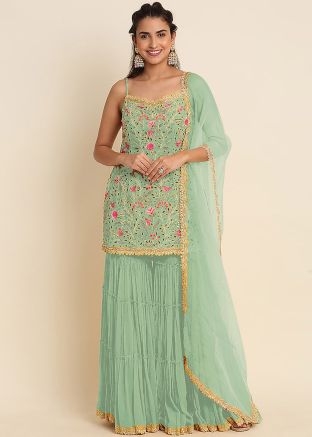 Green Embroidered Gharara Suit Set