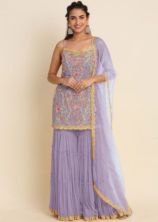 Purple Embroidered Gharara Suit Set