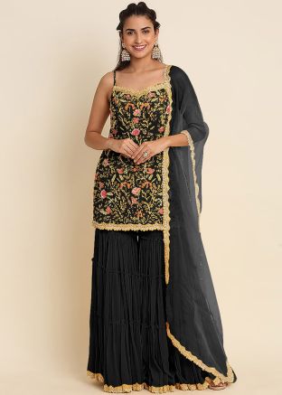 Black Embroidered Gharara Suit Set