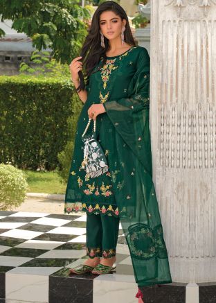Green Readymade Viscose Embroidered Pant Suit