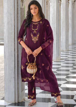 Wine Readymade Embroidered Pant Suit In Viscose