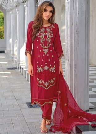 Red Readymade Pant Suit In Thread Embroidery