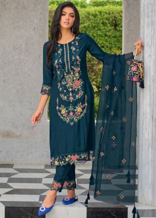 Teal Blue Readymade Viscose Embroidered Pant Suit Set
