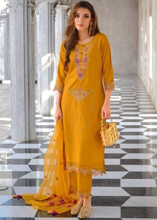 Readymade Yellow Viscose Embroidered Pant Suit