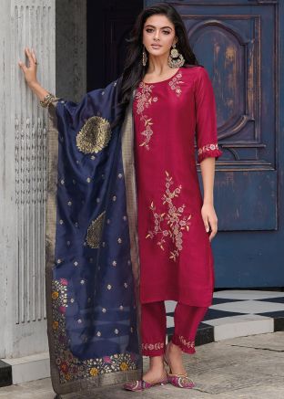 Pink Readymade Embroidered Pant Suit In Art Silk