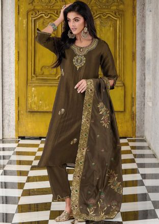 Military Green Readymade Pant Suit In Thread Embroidery