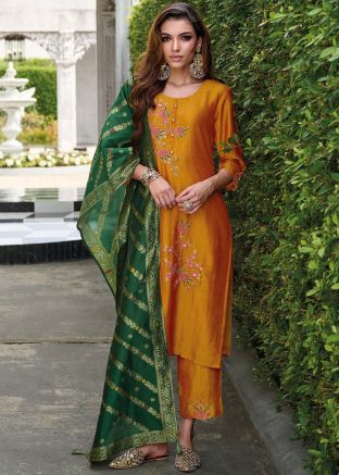 Orange Readymade Art Silk Embroidered Pant Suit Set