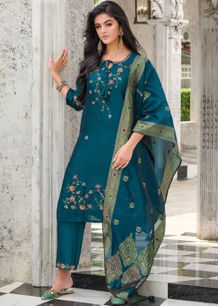 Readymade Teal Blue Viscose Embroidered Pant Suit 
