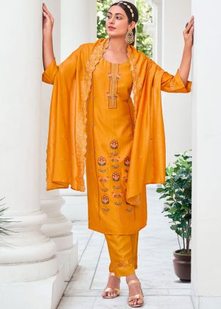 Yellow Readymade Pant Suit In Thread Embroidery
