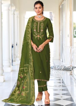 Green Readymade Embroidered Pant Suit In Viscose