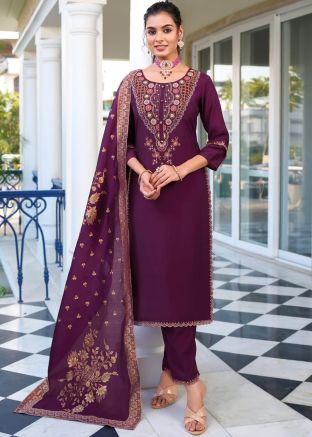 Purple Readymade Embroidered Pant Suit Set