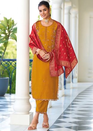 Yellow Readymade Pant Suit In Thread Embroidery