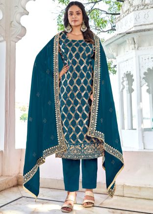 Teal Blue Stone Embellished Pant Suit Set