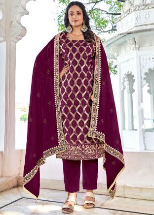 Purple Stone Embellished Pant Suit Set