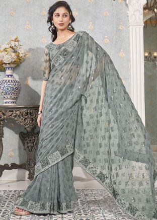 Grey Sequins Embellished Georgette Saree 