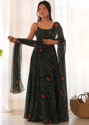 Readymade Green Bandhej Print Anarkali Suit