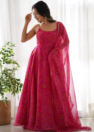 Readymade Pink Bandhani Print Anarkali Suit