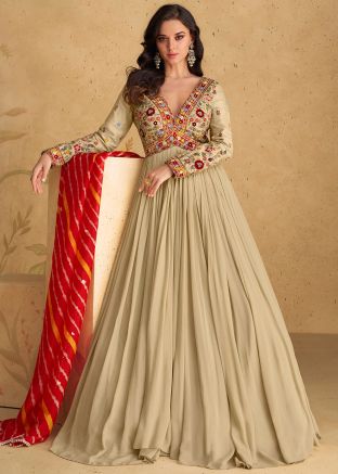 Beige Embroidered Anarkali Suit Set