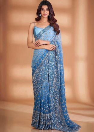 Blue Embroidered Saree In Georgette
