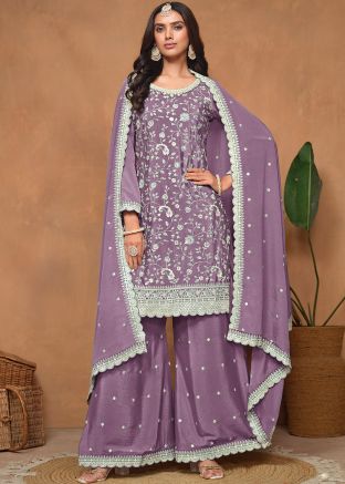 Purple Dori Embroidery Palazzo Suit In Chiffon