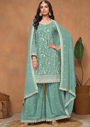 Aqua Green Chiffon Palazzo Suit In Dori Embroidery