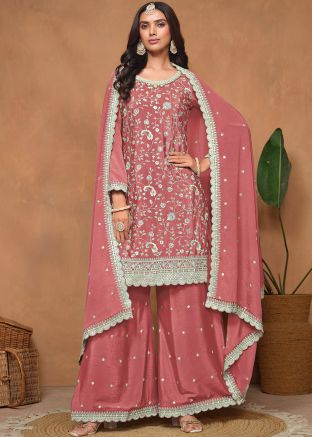 Dark Peach Dori Embroidery Chiffon Palazzo Suit