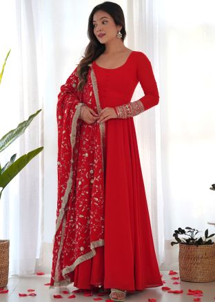 Red Readymade Anarkali Suit In Georgette