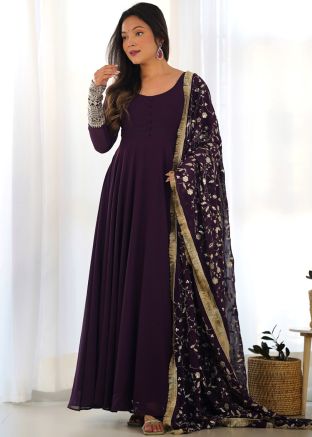 Purple Readymade Anarkali Suit In Georgette