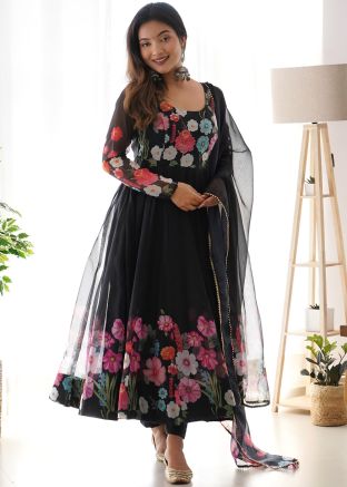 Black Floral Print Anarkali Suit Set