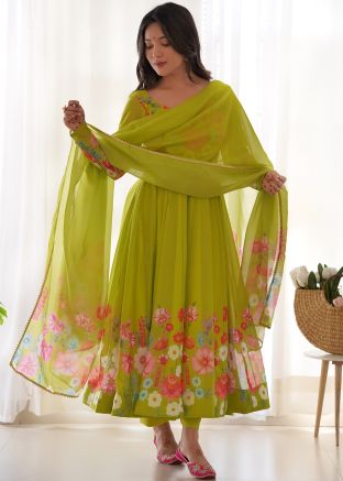 Green Floral Print Anarkali Suit Set