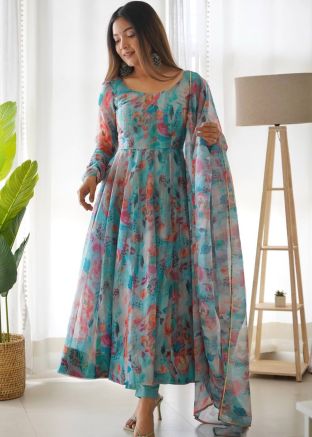 Blue Floral Print Anarkali Suit Set