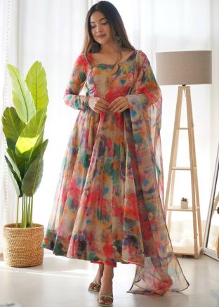 Multcolor Floral Print Anarkali Suit Set