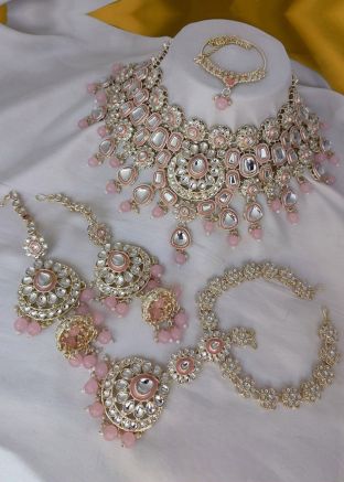 Pink Stone Studded Bridal Necklace Set