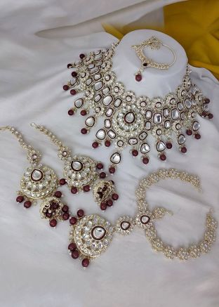 Maroon Stone Studded Necklace Set