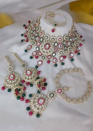 Pink & Green Stone Studded Necklace Set