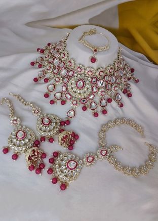Pink Stone Studded Necklace Set