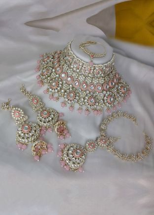 Pink Stone Studded Necklace Set