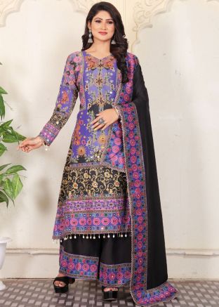Multicolor Embroidered Readymade Palazzo Suit In Muslin Cotton
