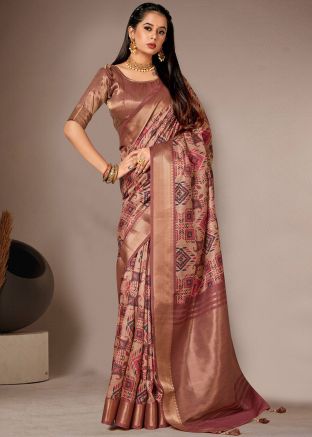 Beige Printed Saree In Art Silk