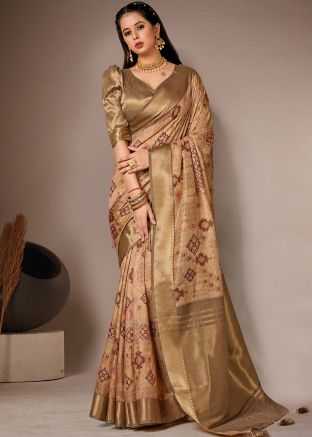 Beige Printed Art Silk Saree & Blouse