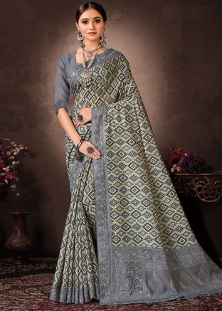 Grey Digital Print Chanderi Saree & Blouse