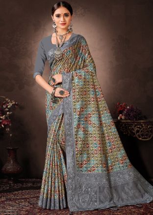 Grey Digital Printed Saree & Blouse