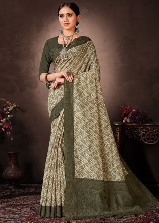 Green Digital Printed Saree & Blouse