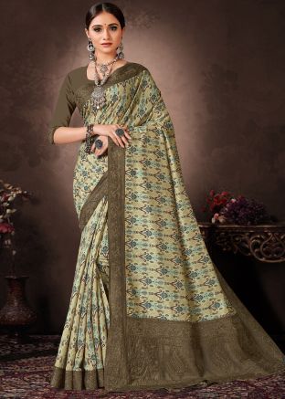 Green Chanderi Saree In Digital Print