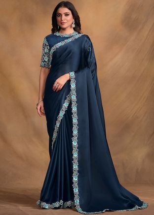 Blue Satin Embellished Saree
