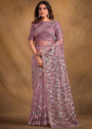 Pink Embroidered Saree In Net