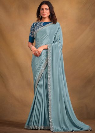 Sage Blue Satin In Thread Embroidery 