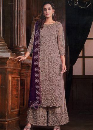 Brown Net Thread Embroidery Palazzo Suit