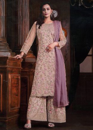 Cream Net Palazzo Suit In Thread Embroidery